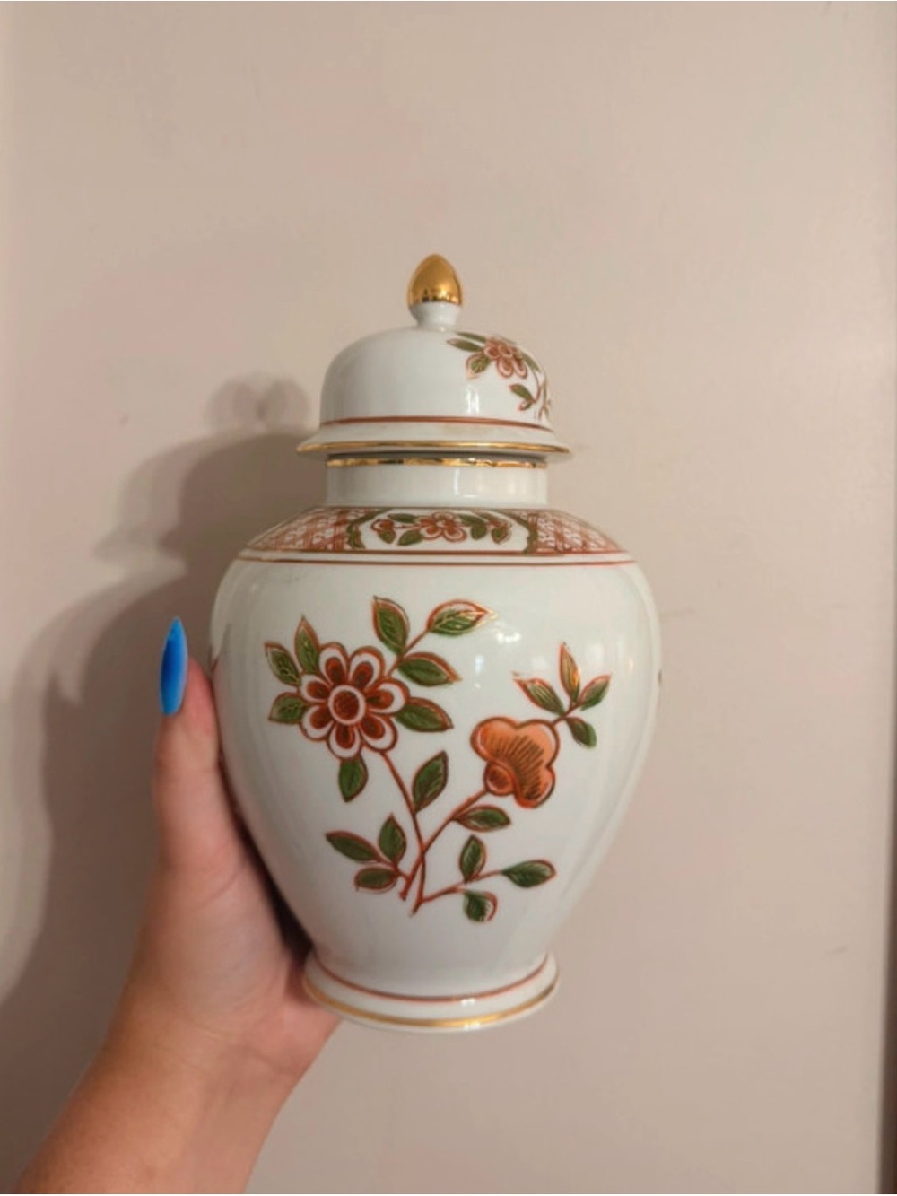Japan Hand-Painted Floral Porcelain Ginger Jar - White with Orange & Green